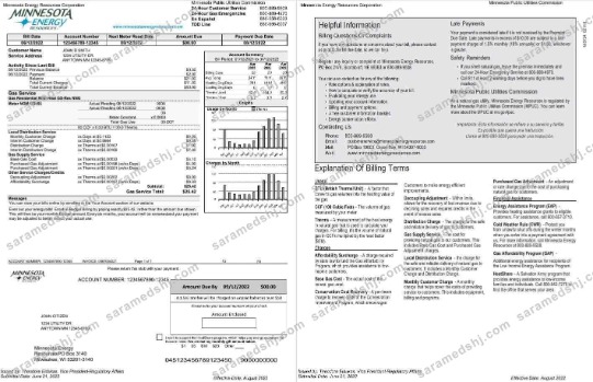 USA Minnesota Energy utility bill, Word and PDF template, 2 pages